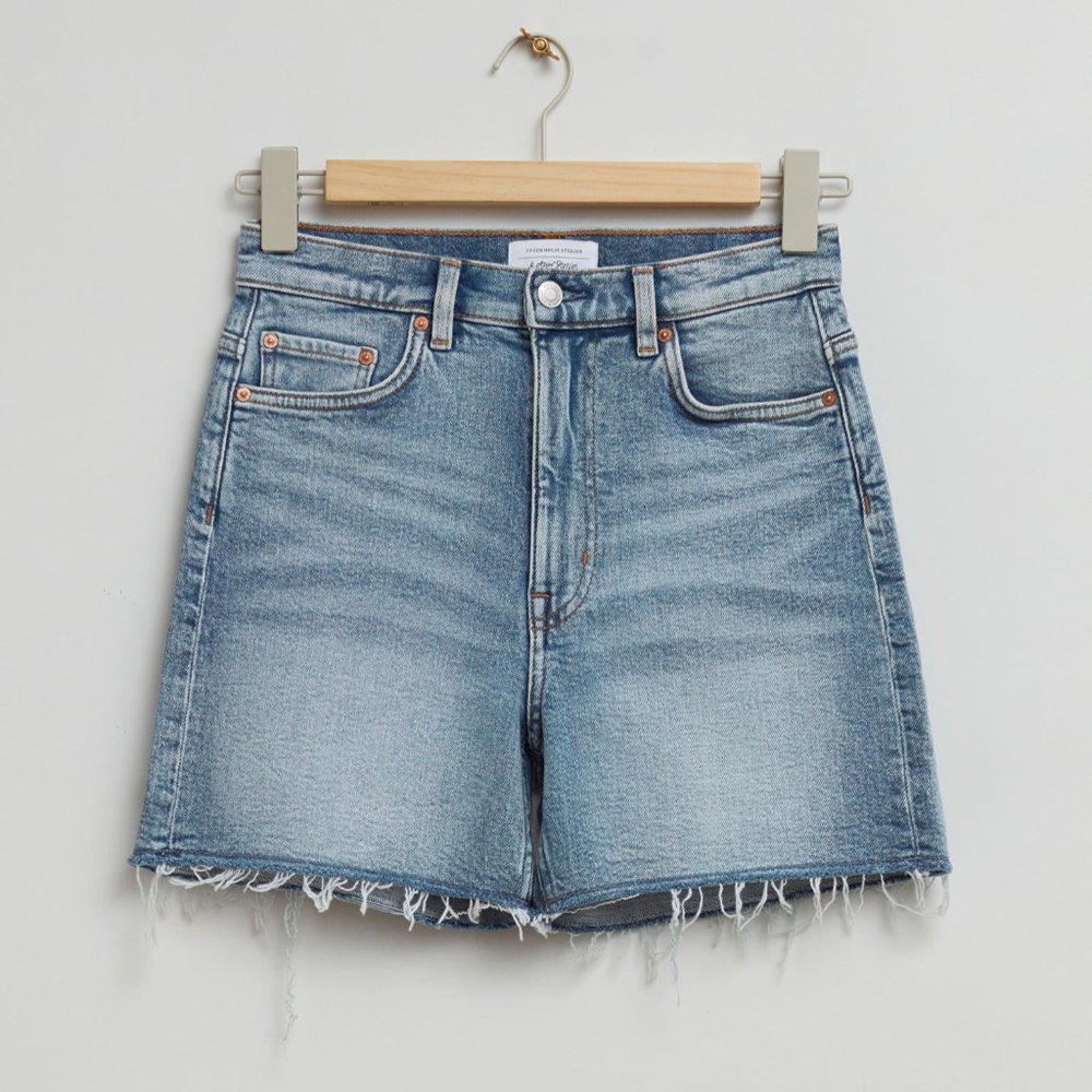 & Other Stories High Waist Denim Mom Shorts with Frayed Edge NWT